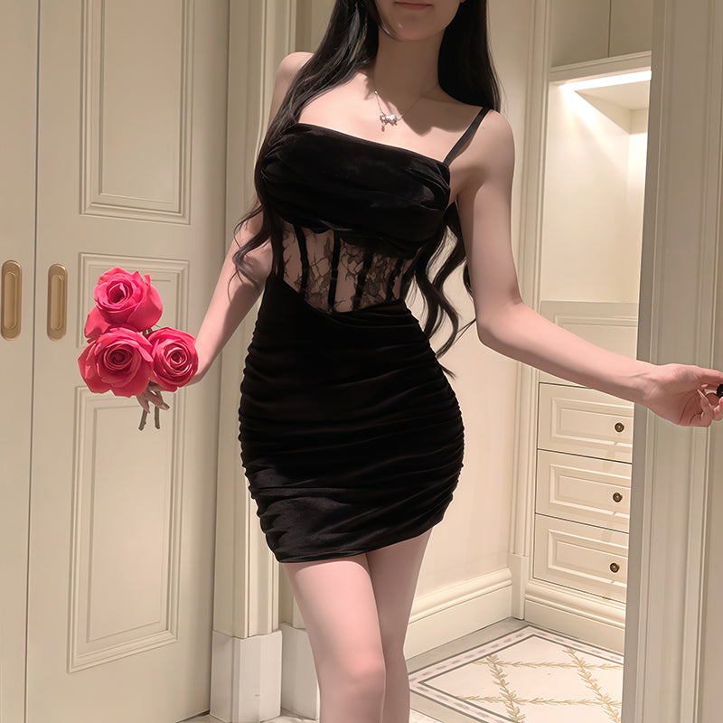 Lace-paneled vintage pleated slip dress