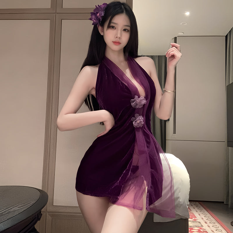 Purple sexy velvet cheongsam with a slit