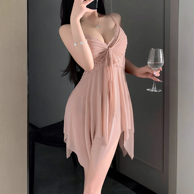 Sexy lace mesh tie-up push-up nightgown