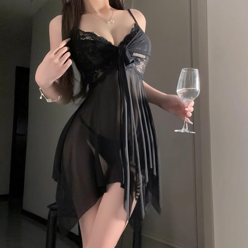 Sexy lace mesh tie-up push-up nightgown
