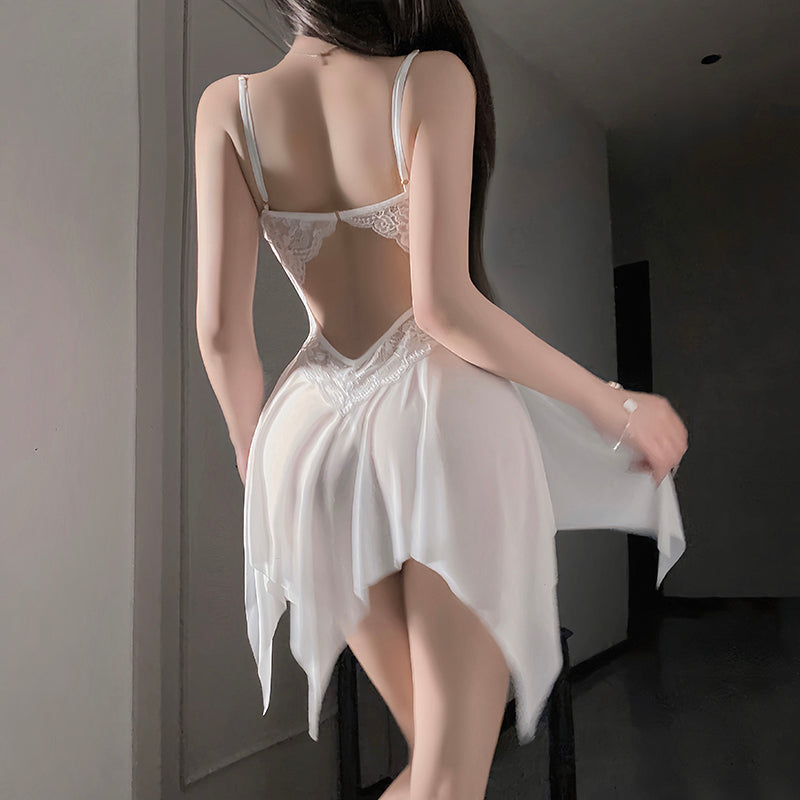 Sexy lace mesh tie-up push-up nightgown