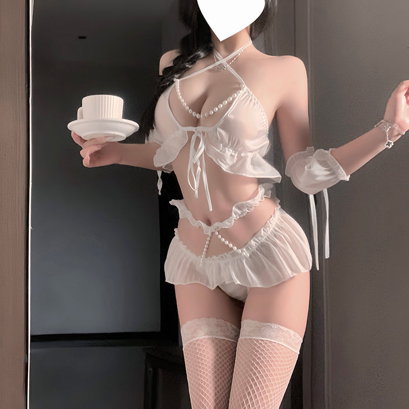 Sexy Pearl Halter Neck Lace Nightgown