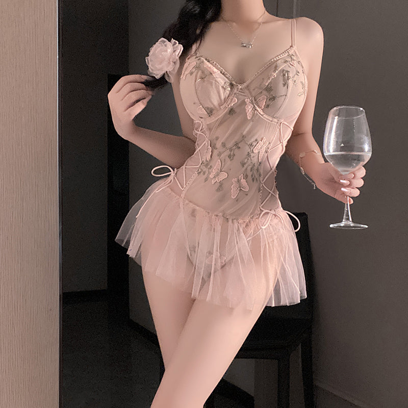 Sexy embroidered tie-waist underwire push-up bodysuit pajamas