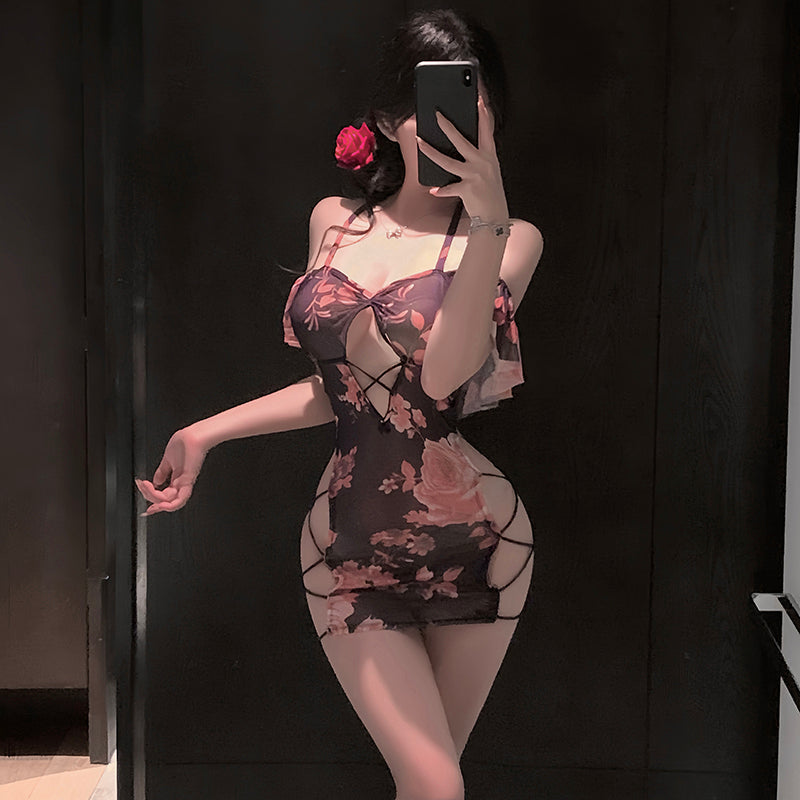 Sexy Rose Print Bodycon Dress with Tie Straps