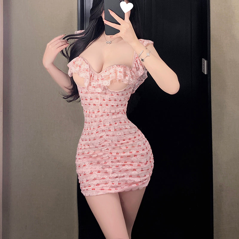 Sexy Cherry Print Lace Bodycon Dress