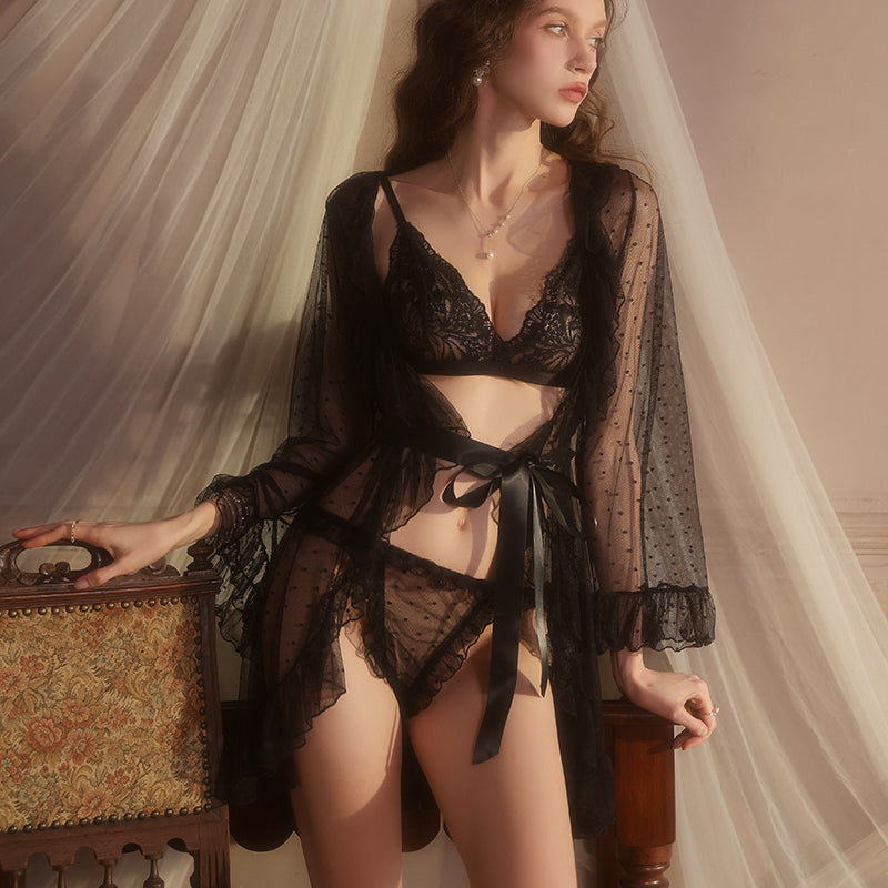 Lace Bra, Thong & Sheer Robe Trio