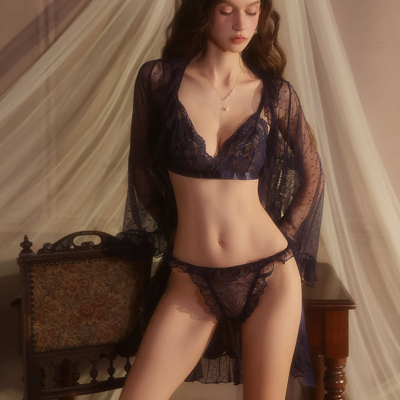 Lace Bra, Thong & Sheer Robe Trio